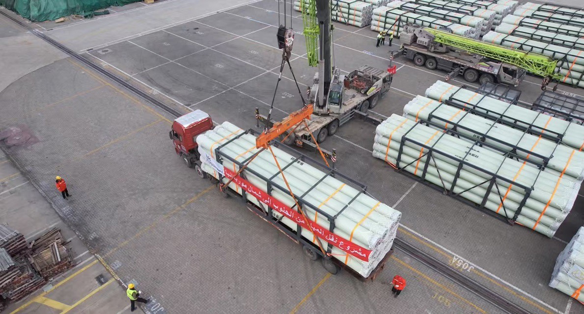 GRP pipe during transportatin GRP pipe during transportatin